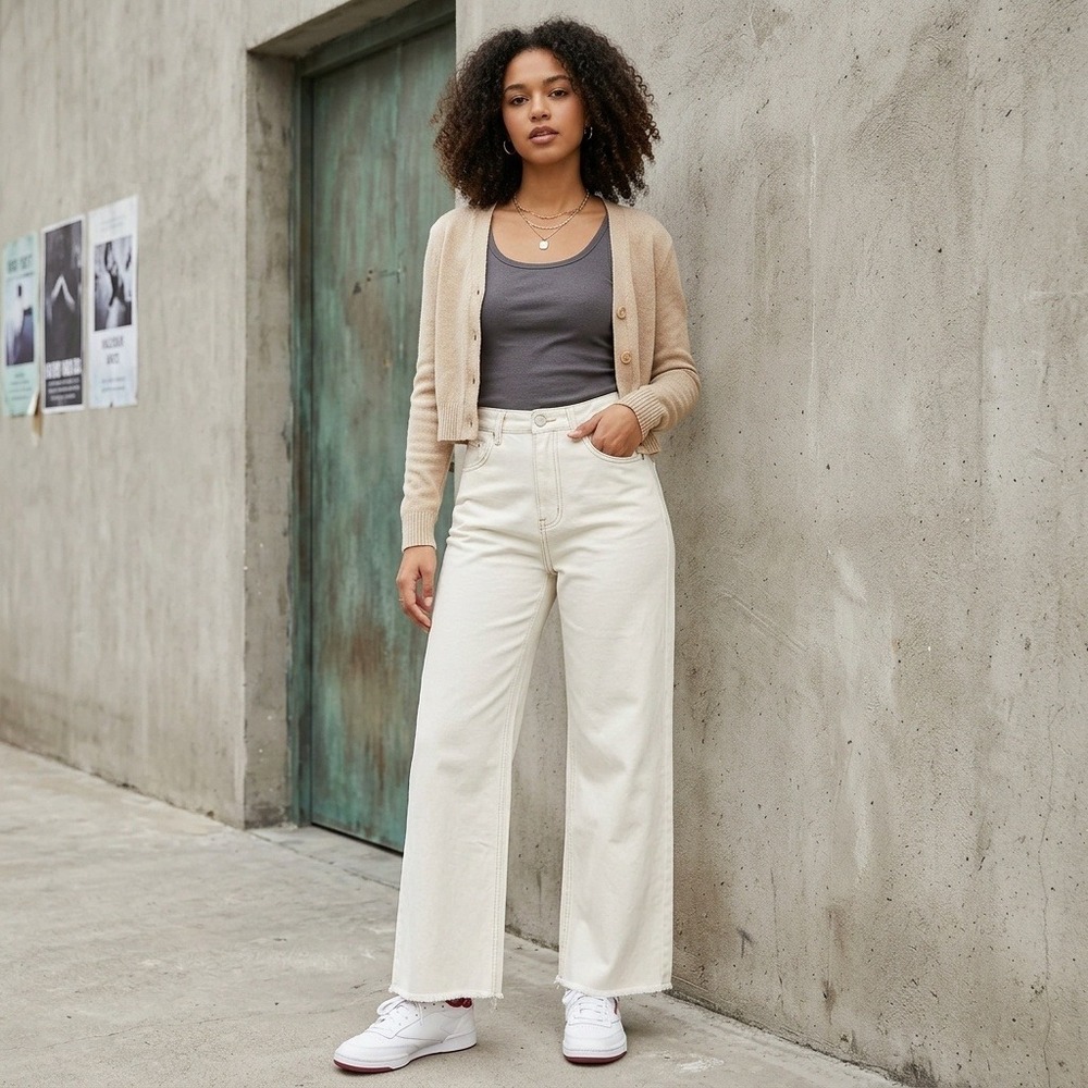 ZGY Denim Wide Leg Jeans Women White Raw Hem High Rise Size 27